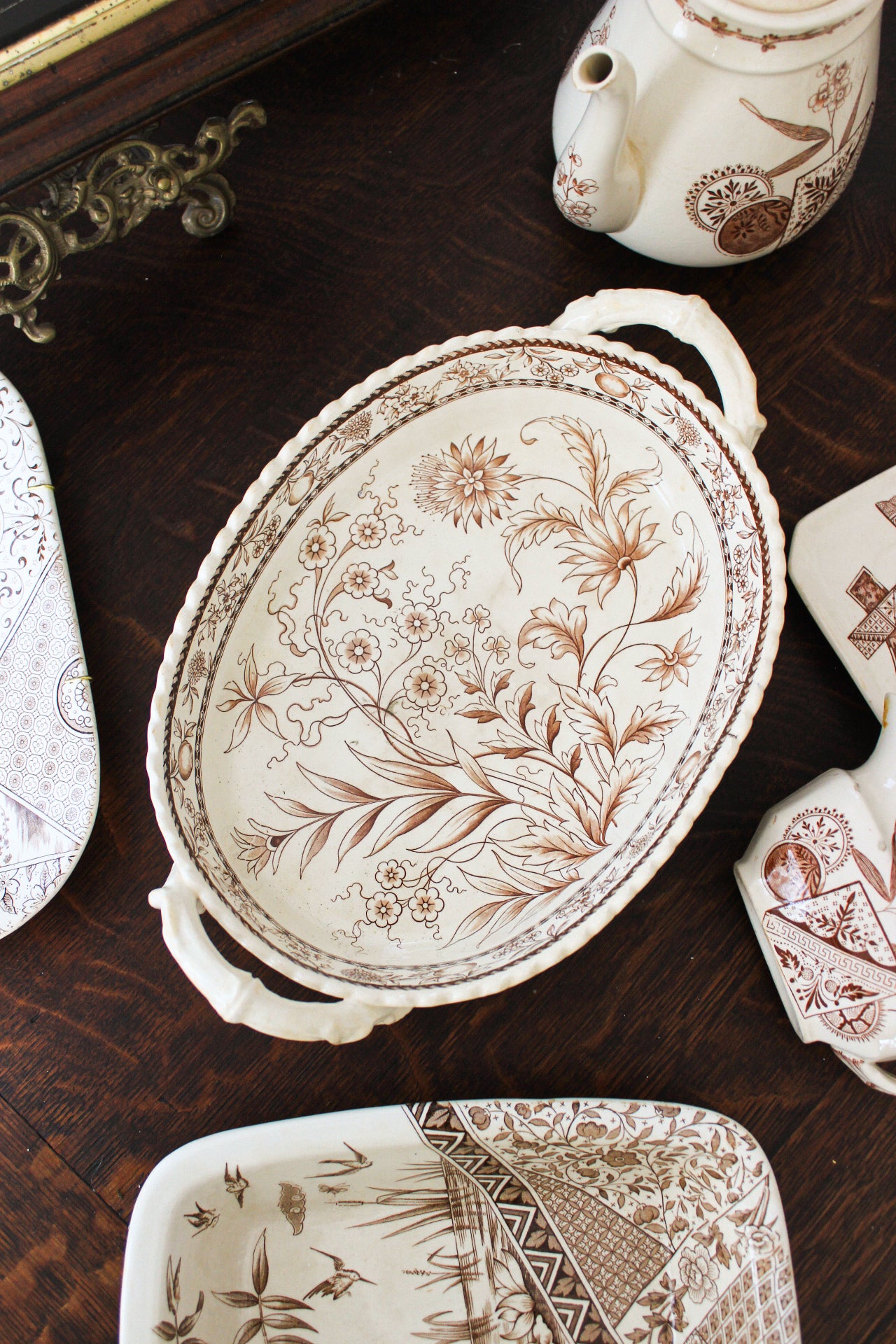 Antique Brown Transferware Handled Serving Bowl