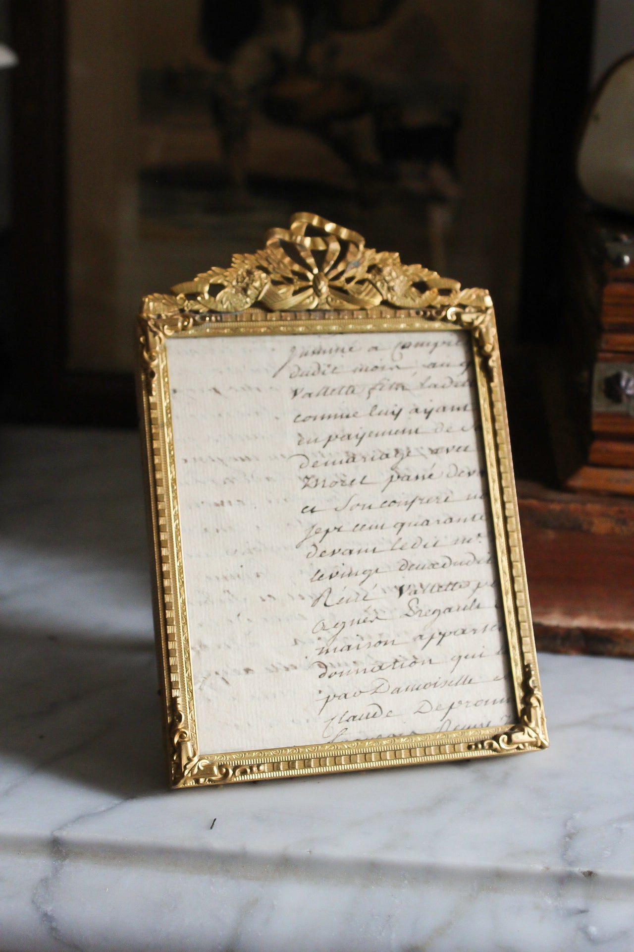 Antique Gilt Ribbon Frame with 19th-Century French Script