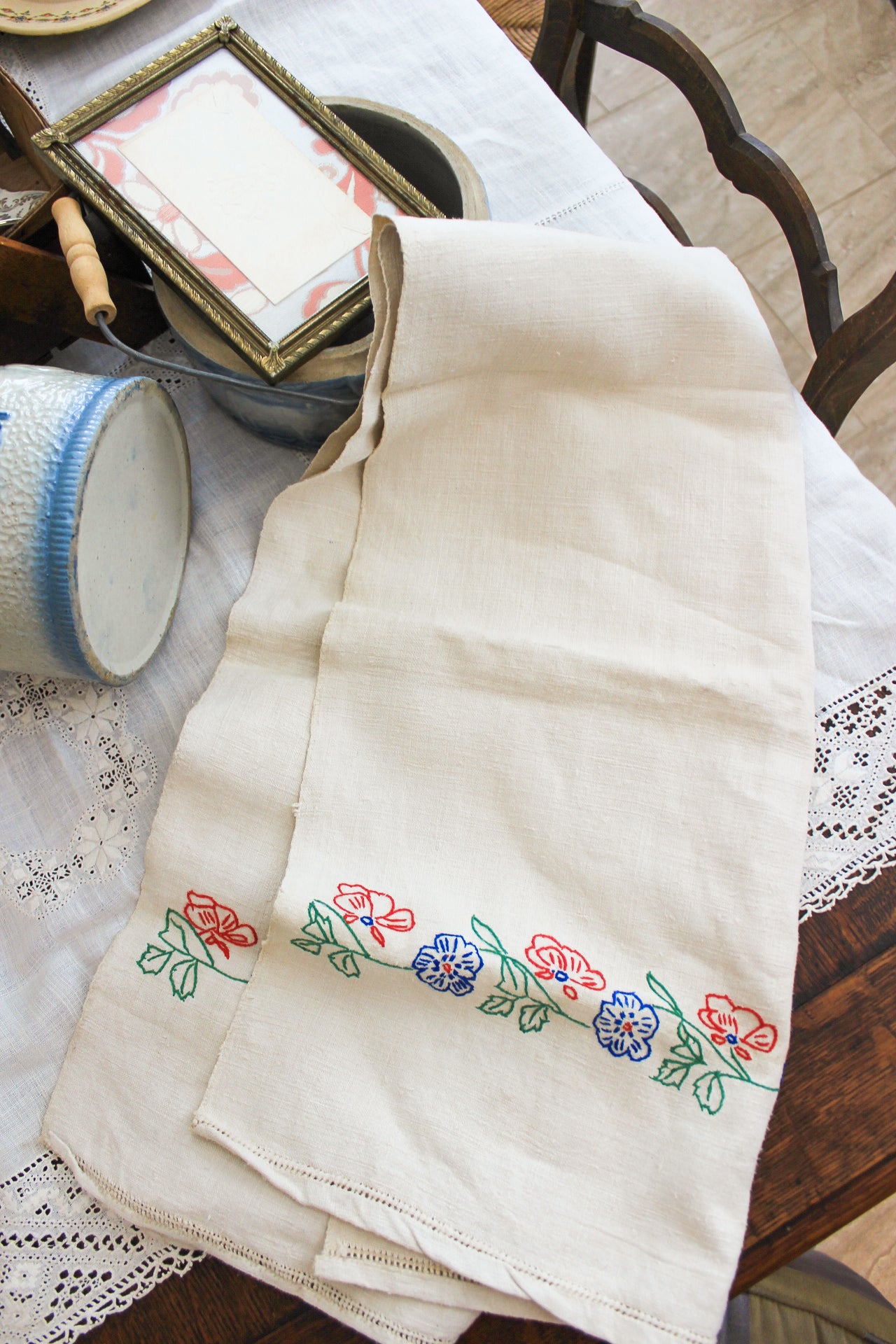 Antique Embroidered Linen Table Runner