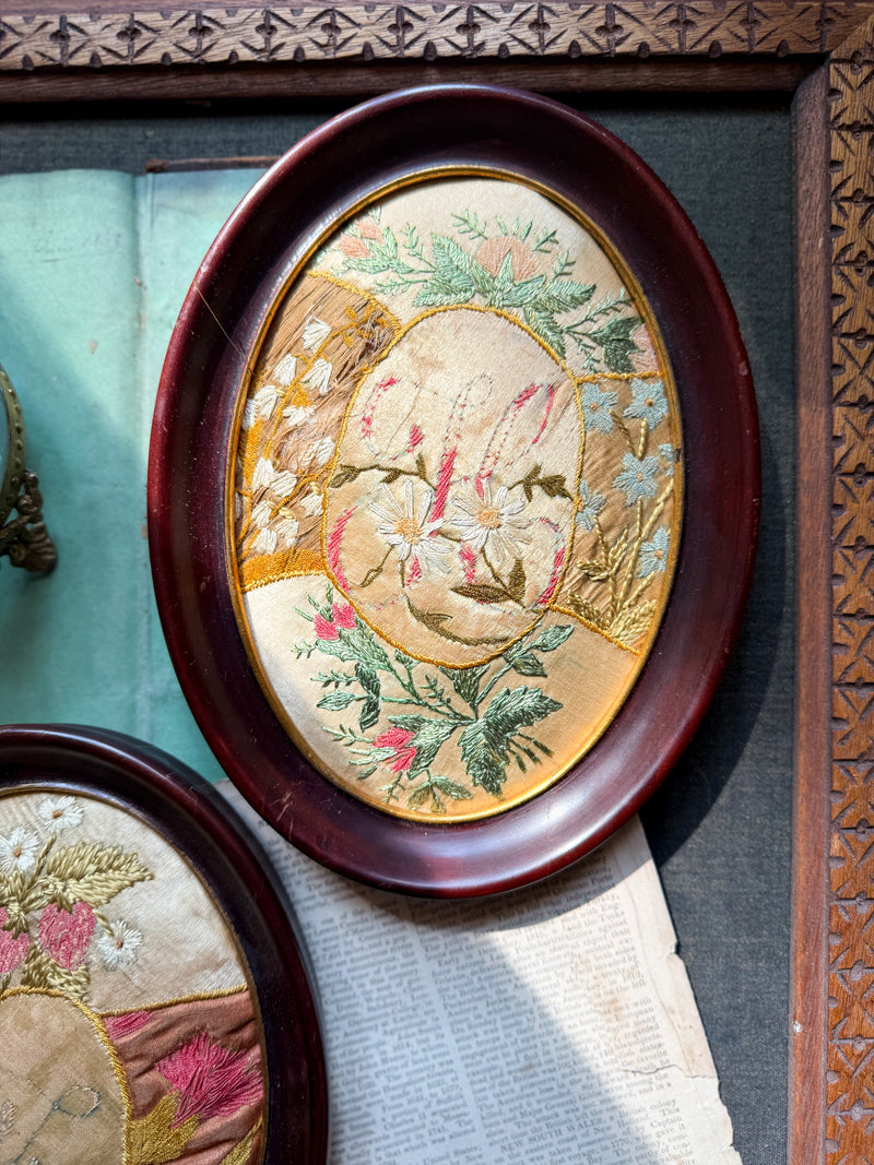 Antique Hand-Embroidered Silkwork in Oval Frame - H
