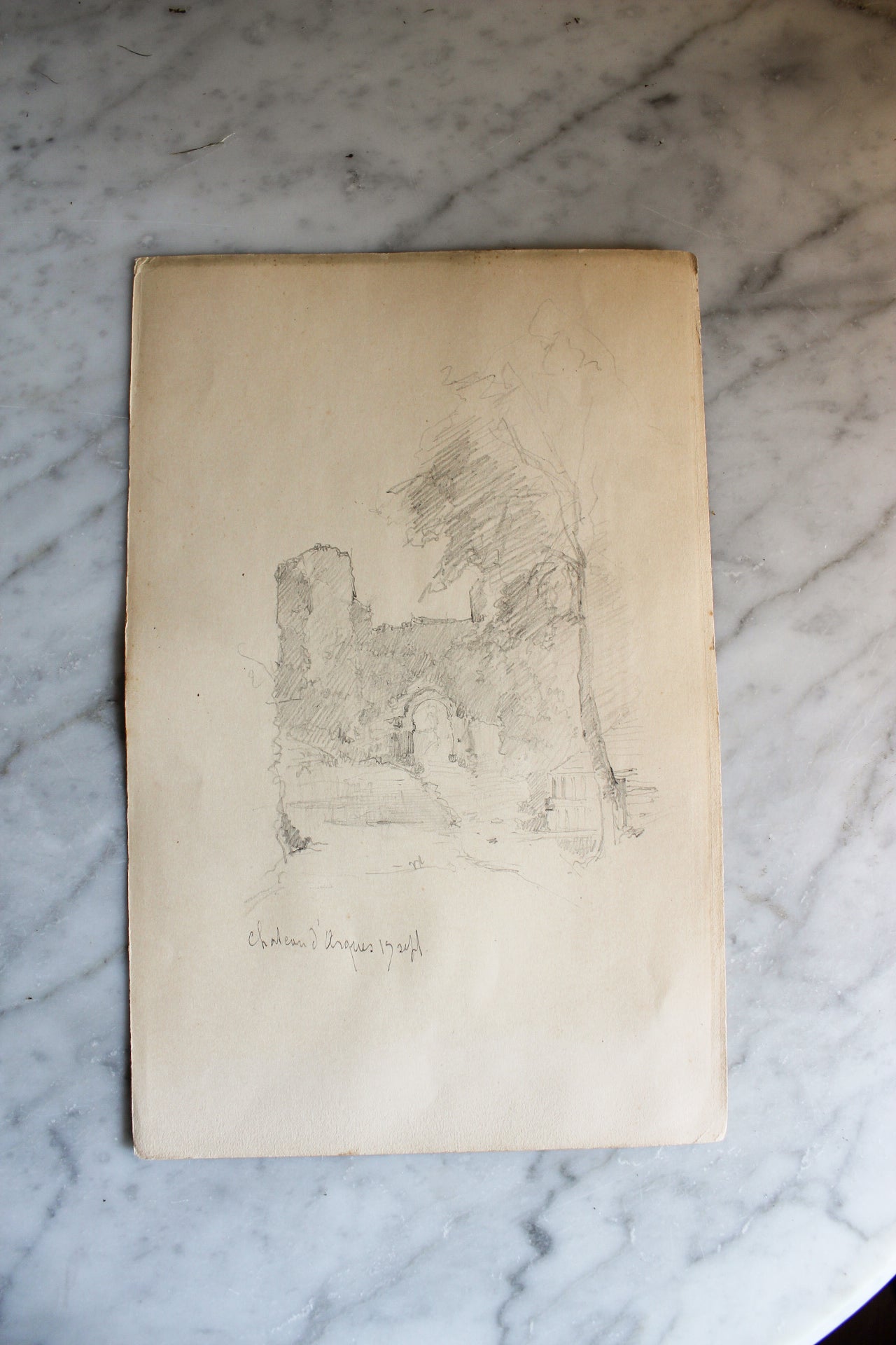 Antique French Pencil Sketch of Château Ruins, Sourced in Paris