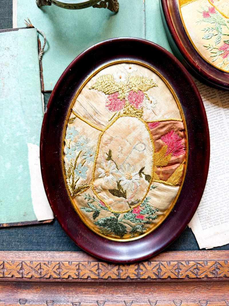 Antique Hand-Embroidered Silkwork in Oval Frame - Z
