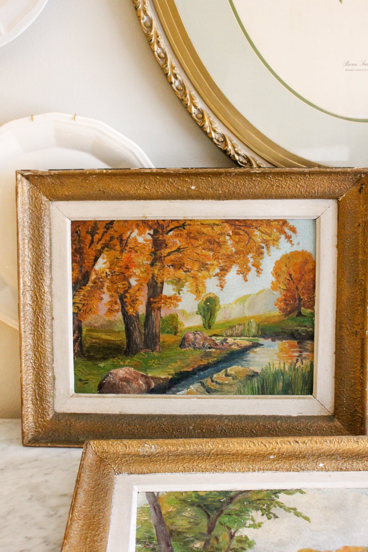 French Autumn Landscape Painting in Gilt Frame
