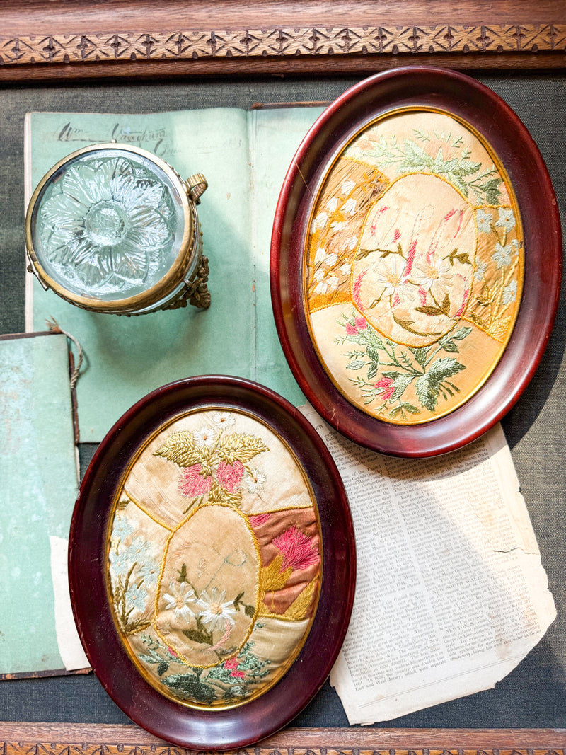 Antique Hand-Embroidered Silkwork in Oval Frame - H