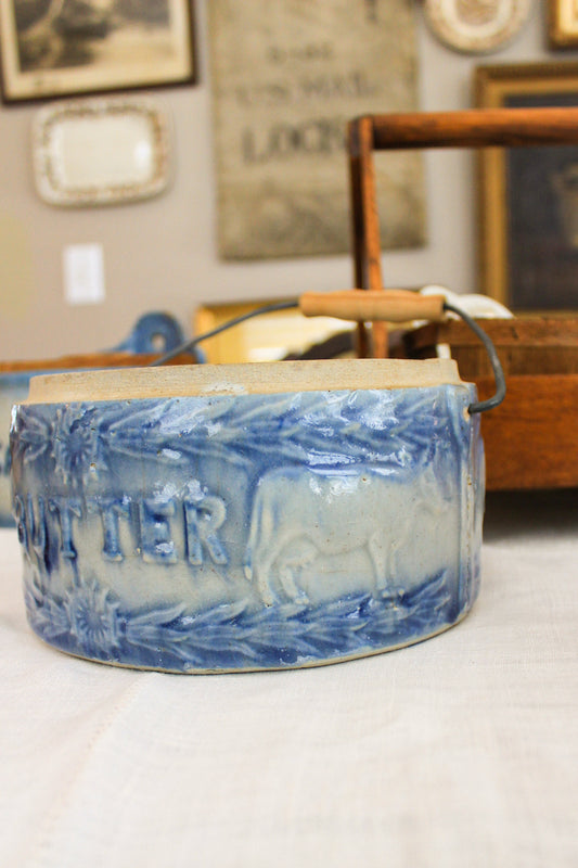 Antique Blue & White Stoneware Butter Crock