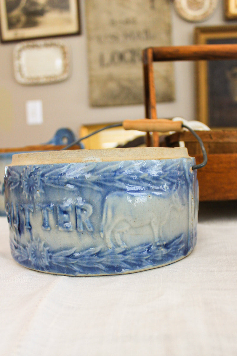 Antique Blue & White Stoneware Butter Crock