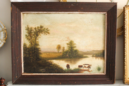 Antique Pastoral Landscape Painting in Dark Wood Frame