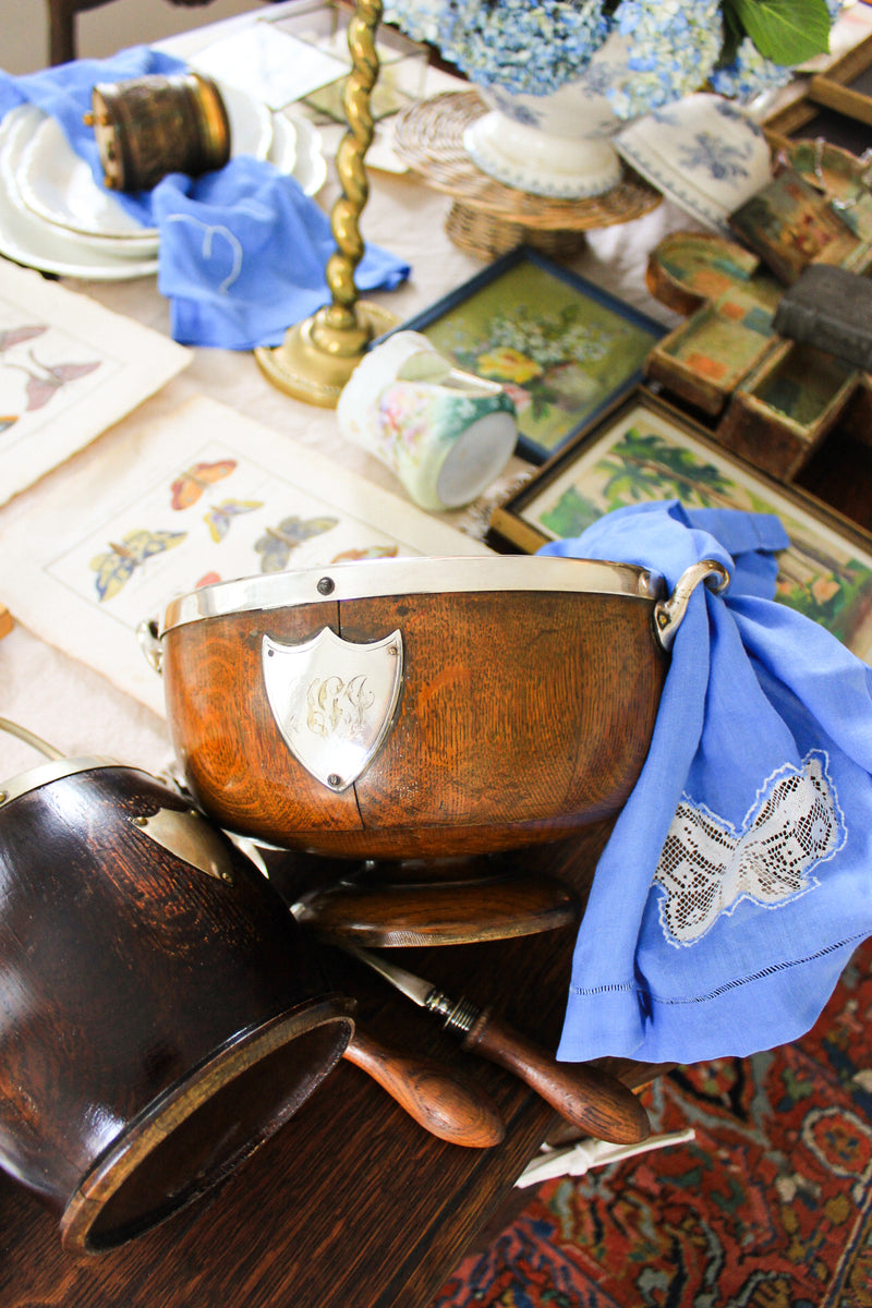 antique English Oak trophy bowl with salad servers