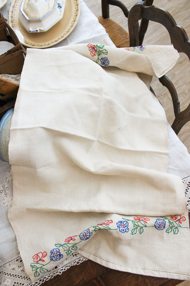 Antique Embroidered Linen Table Runner