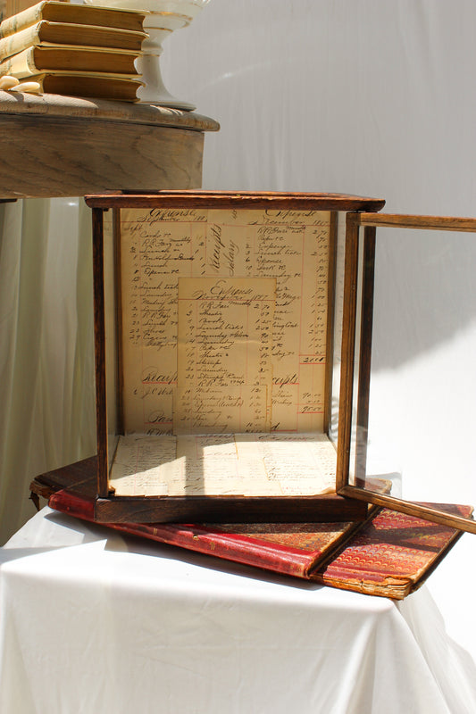 Vintage Glass Display Case with Antique Ledger Paper Lining