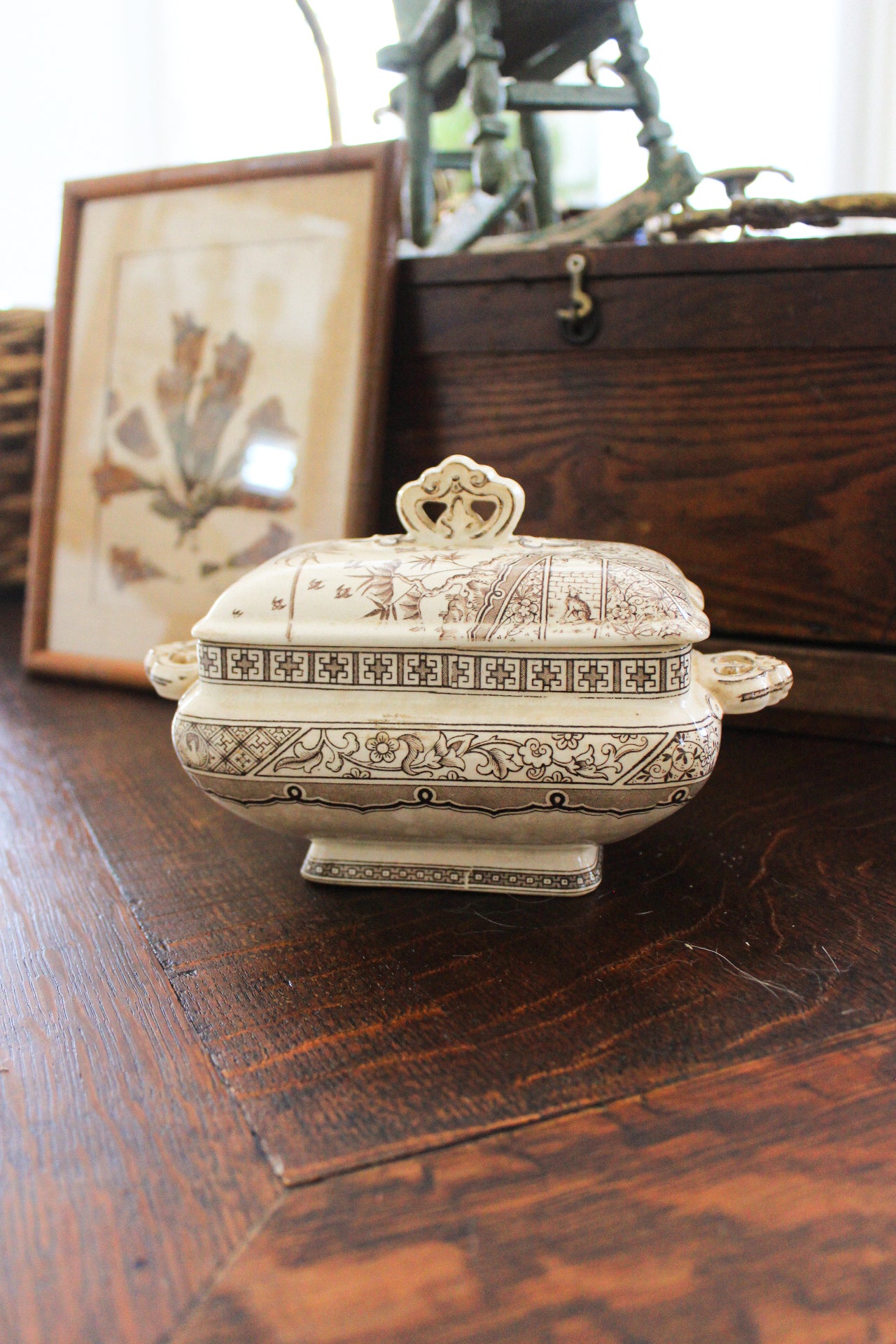 Antique Brown Transferware Covered Butter Dish