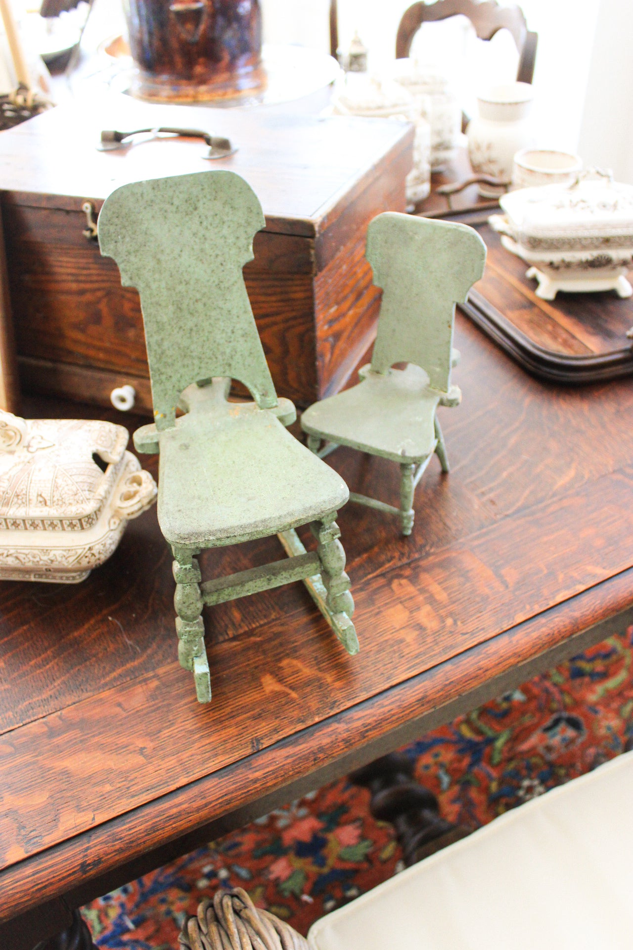 Pair of Antique Miniature Green Painted Chairs