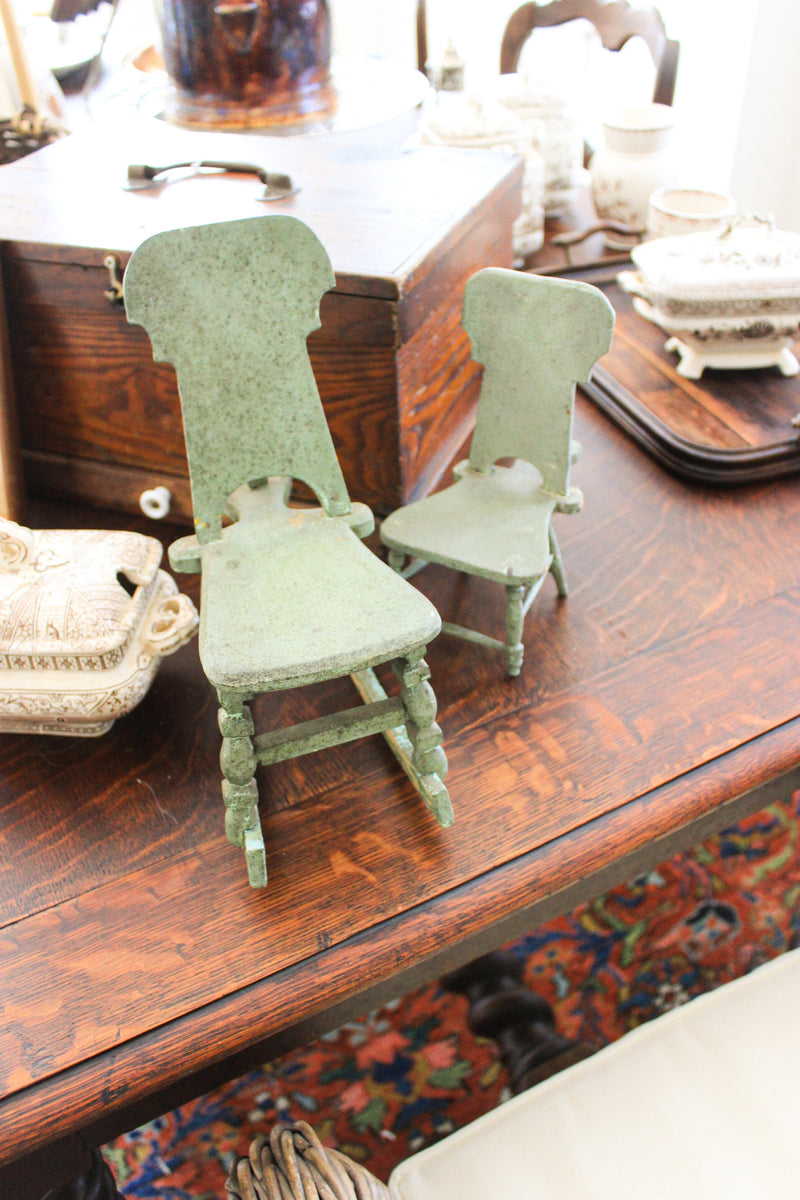 Pair of Antique Miniature Green Painted Chairs