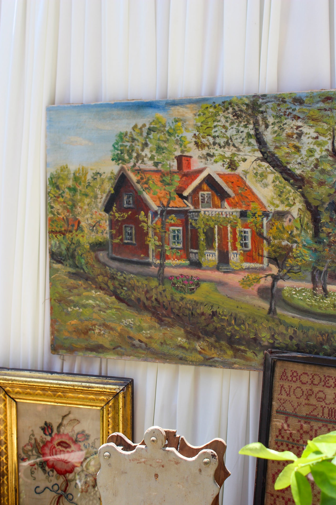 Vintage European Cottage Landscape Oil Painting