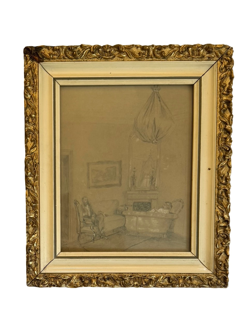Antique Graphite Drawing – Victorian Interior Scene