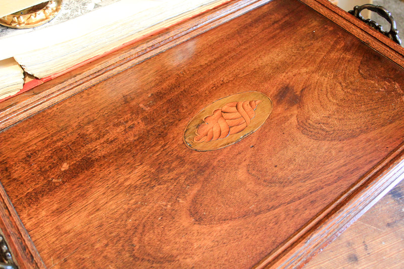 Antique Oversized Mahogany Serving Tray with Shell Inlay