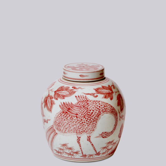Red & White Porcelain Peacock Storage Jar