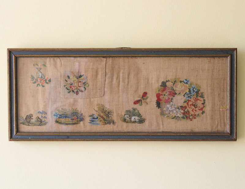 Antique Framed Needlework Panel with Floral & Landscape Motifs