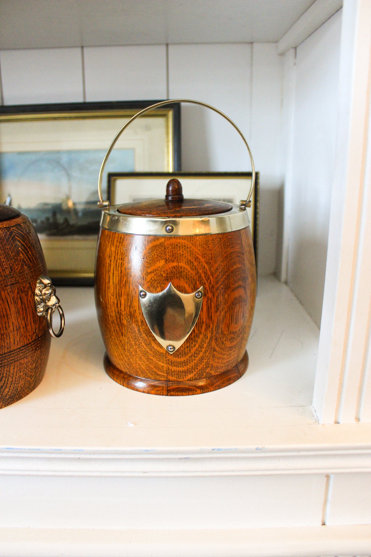 Antique English Oak Biscuit Barrel with Porcelain Liner