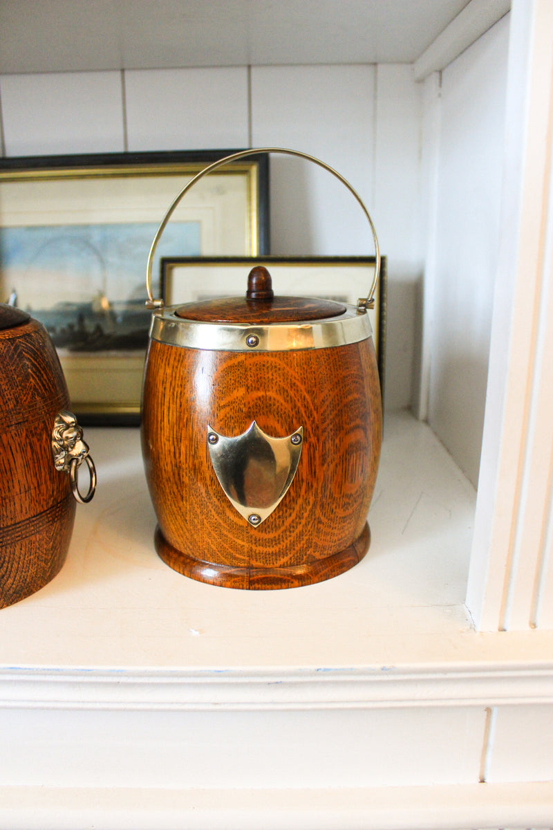 Antique English Oak Biscuit Barrel with Porcelain Liner