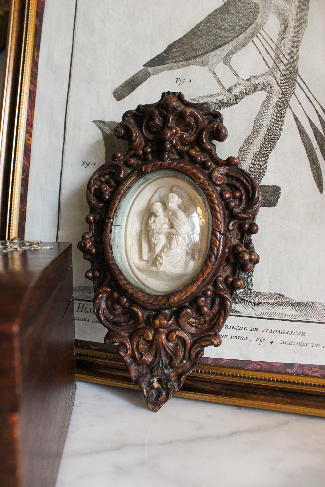 Antique Signed Rogeaux Meerschaum Religious Relief under Convex Glass