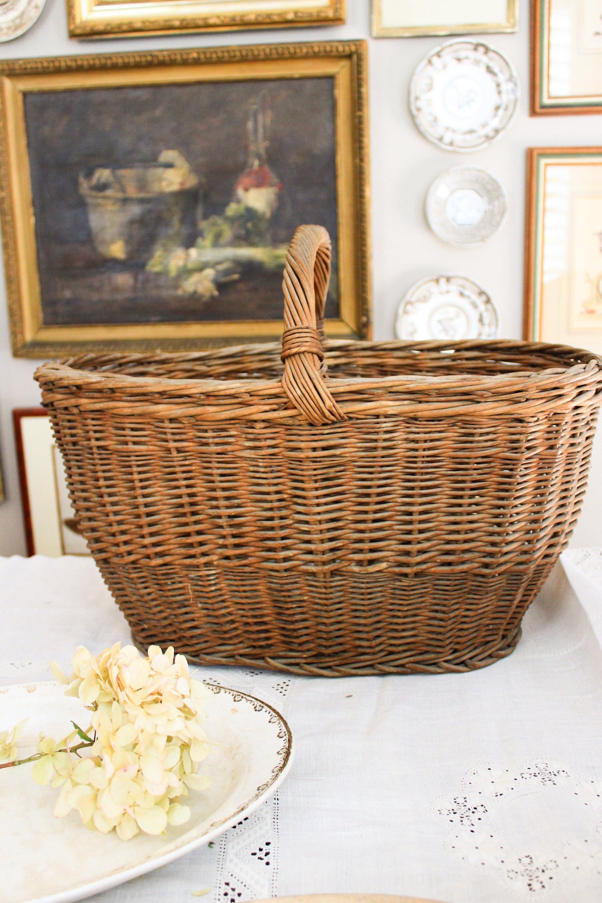 large antique European gathering basket
