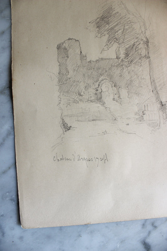 Antique French Pencil Sketch of Château Ruins, Sourced in Paris