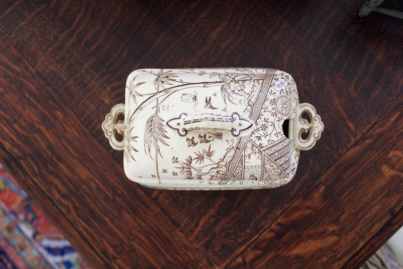 Antique Brown Transferware Covered Butter Dish
