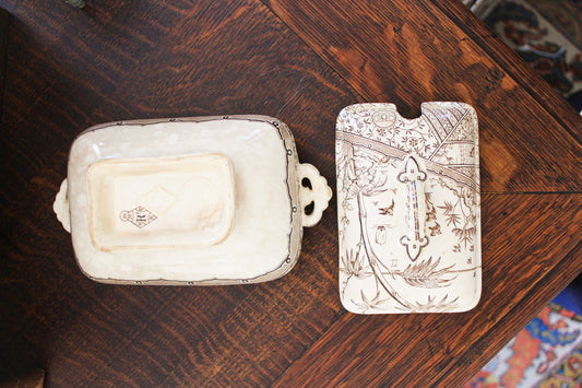 Antique Brown Transferware Covered Butter Dish