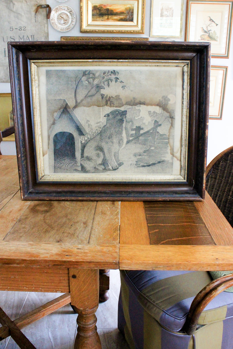 Antique Framed Folk Art Dog Drawing