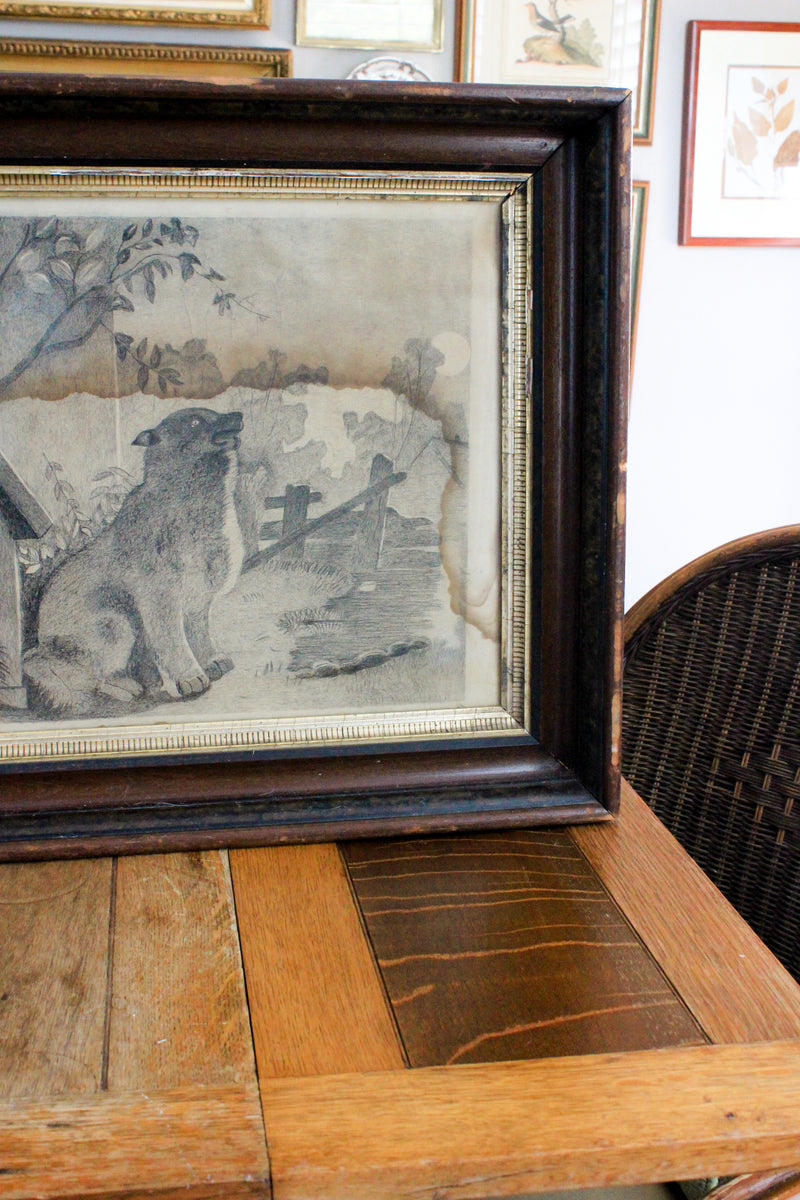 Antique Framed Folk Art Dog Drawing