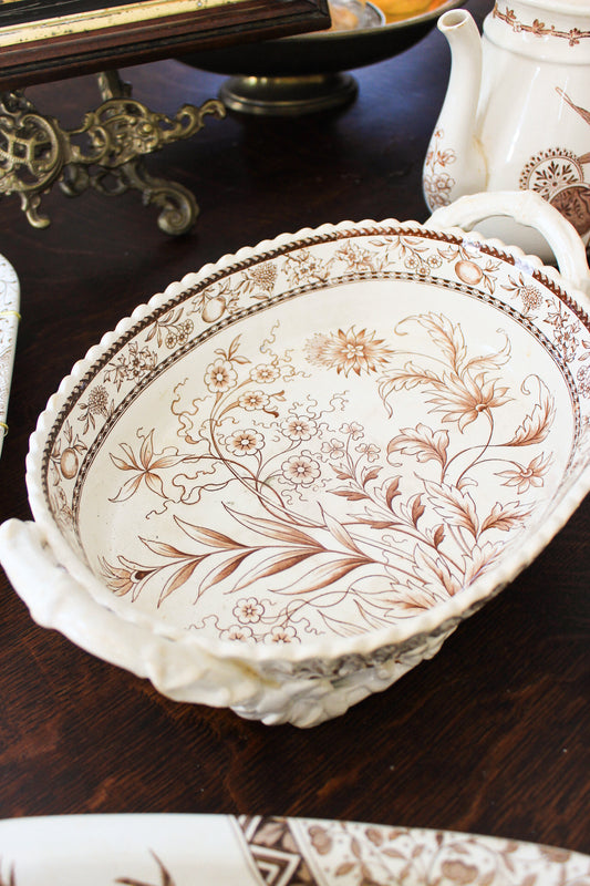 Antique Brown Transferware Handled Serving Bowl