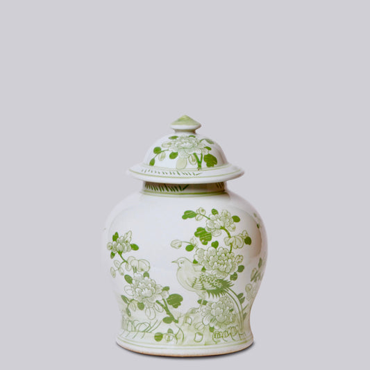 Green and White Porcelain Bird and Flower Temple Jar