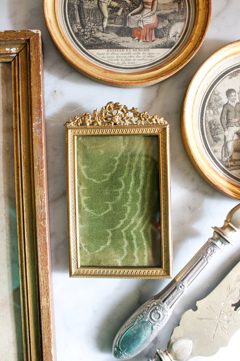 Antique Brass Standing Frame with Green Silk Backing