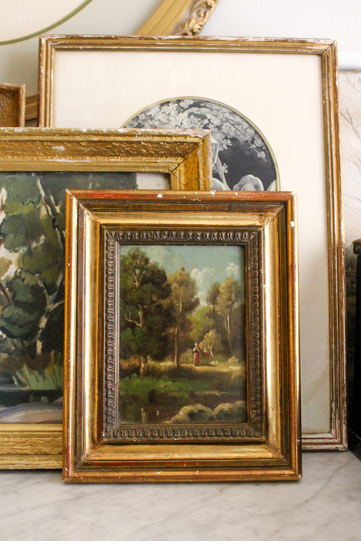 Small Antique French Landscape Painting in Deep Gilt Frame