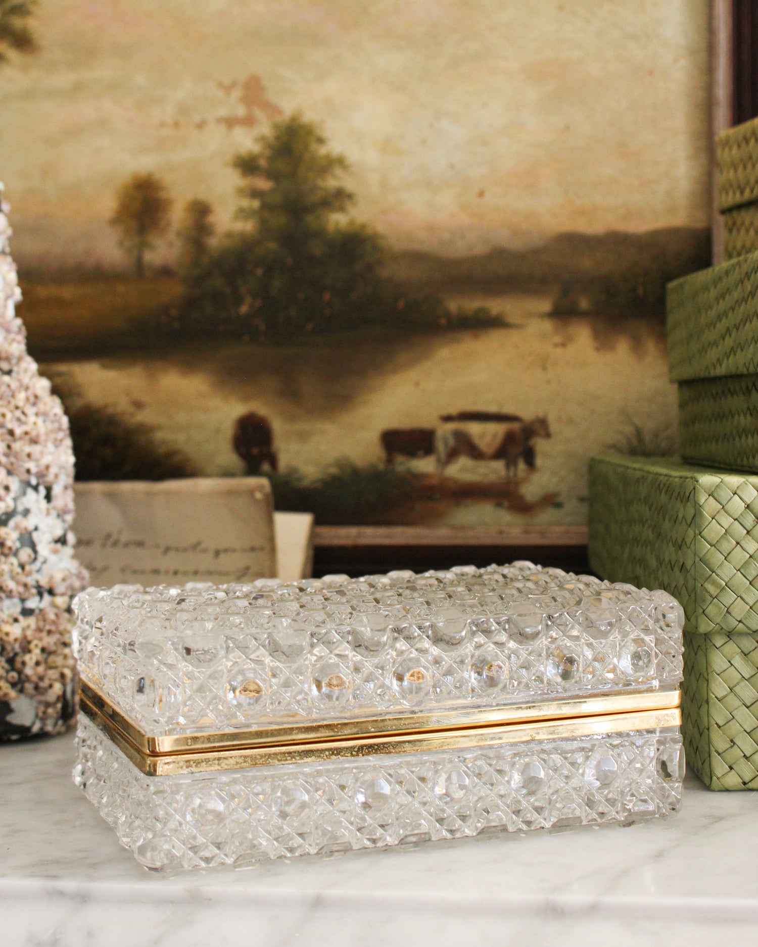 Cut Glass Trinket Box with Brass Mounts