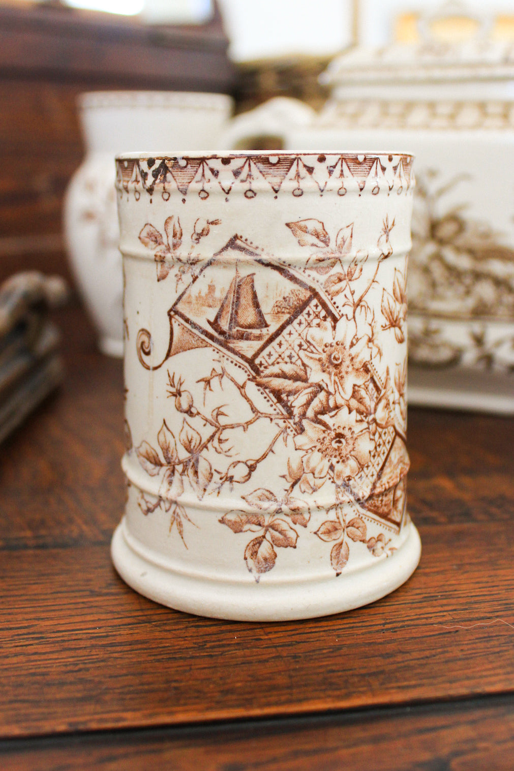 Antique Brown Transferware Match Holder