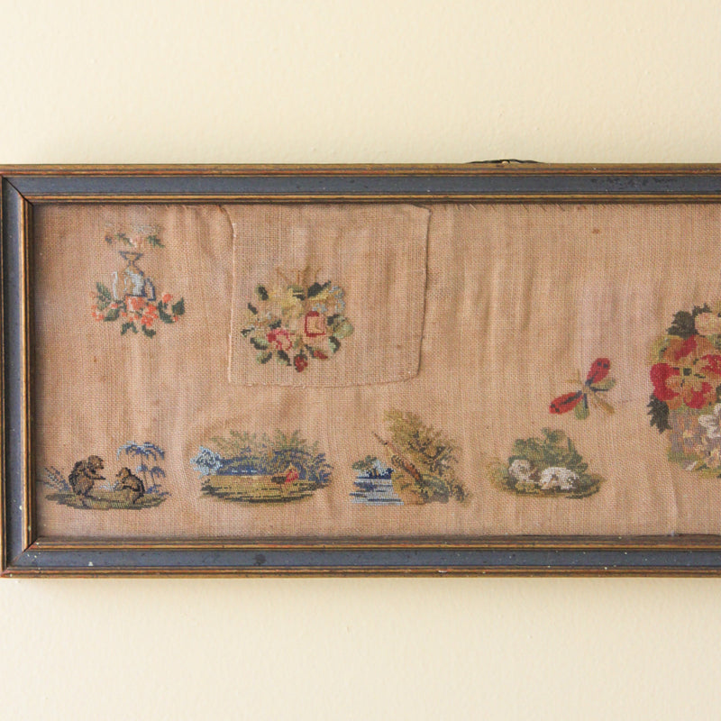 Antique Framed Needlework Panel with Floral & Landscape Motifs