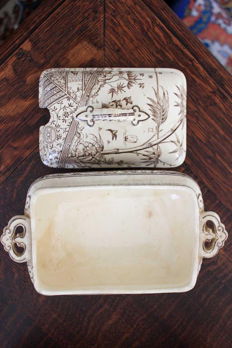 Antique Brown Transferware Covered Butter Dish