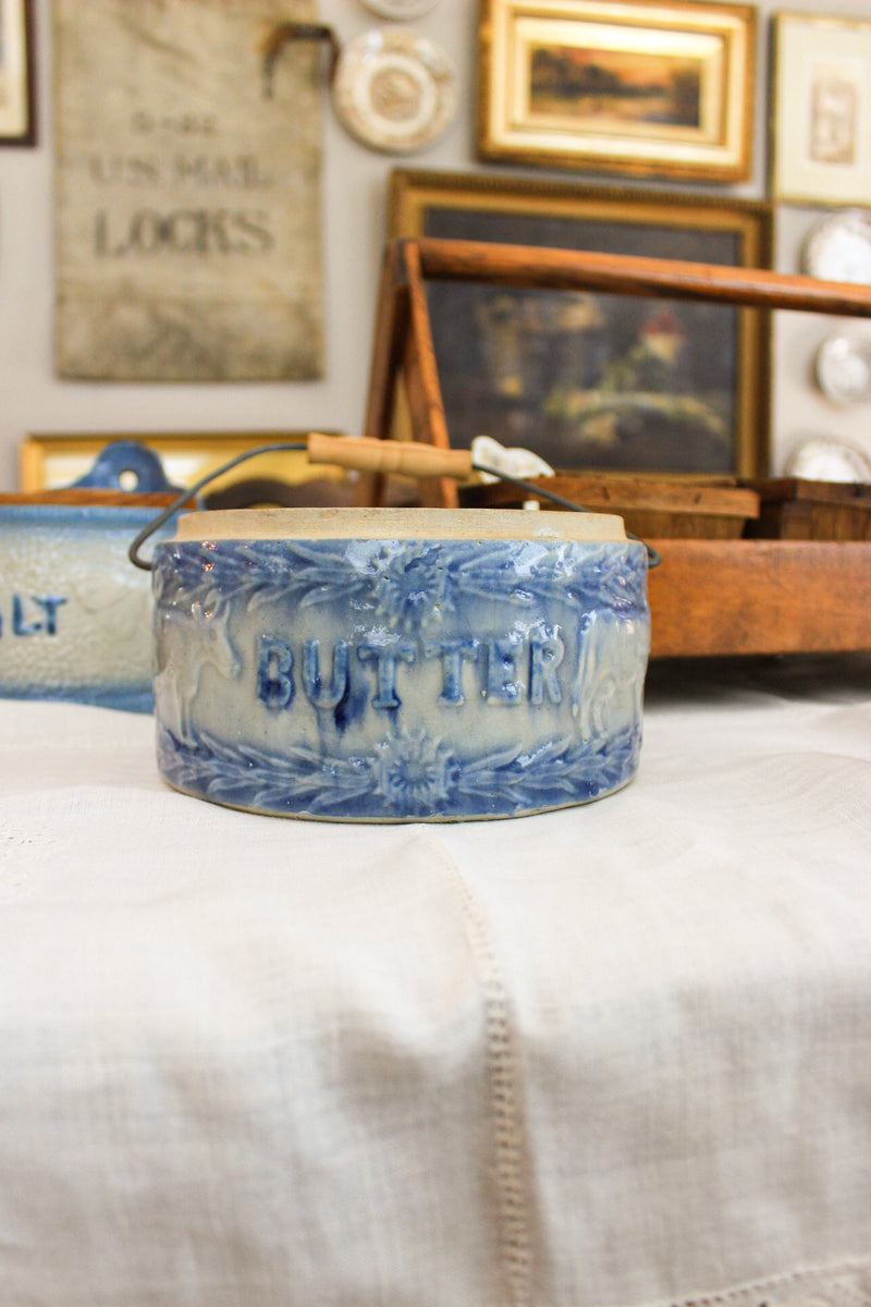 Antique Blue & White Stoneware Butter Crock