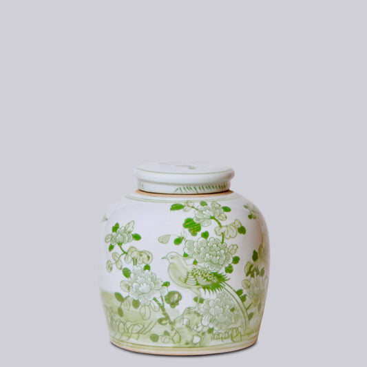 Bird and Flower Green and White Porcelain Jar