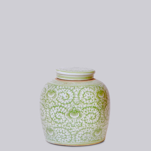 Scrolling Peony Green and White Porcelain Jar