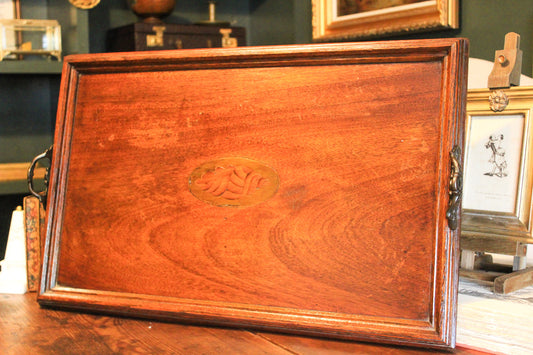 Antique Oversized Mahogany Serving Tray with Shell Inlay