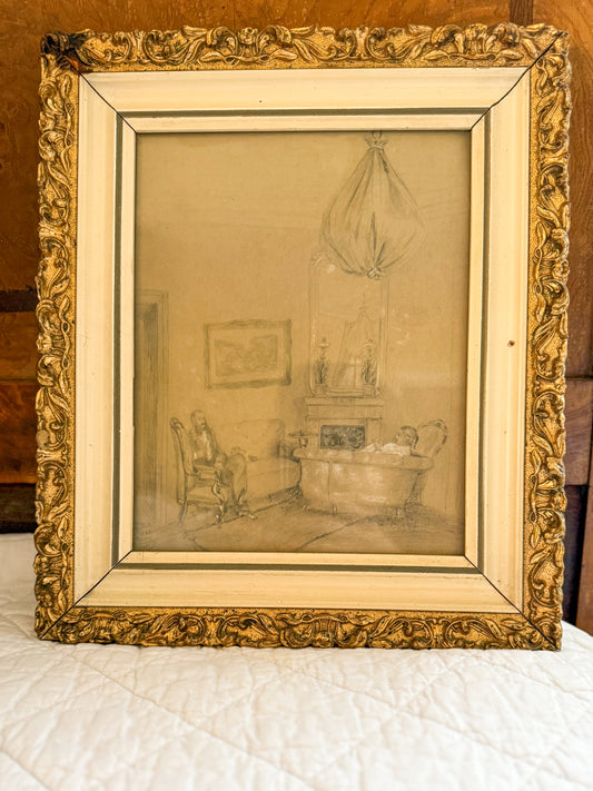 Antique Graphite Drawing – Victorian Interior Scene
