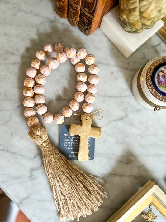 Blessing Bead Garland With Cross And Tassel : Pink