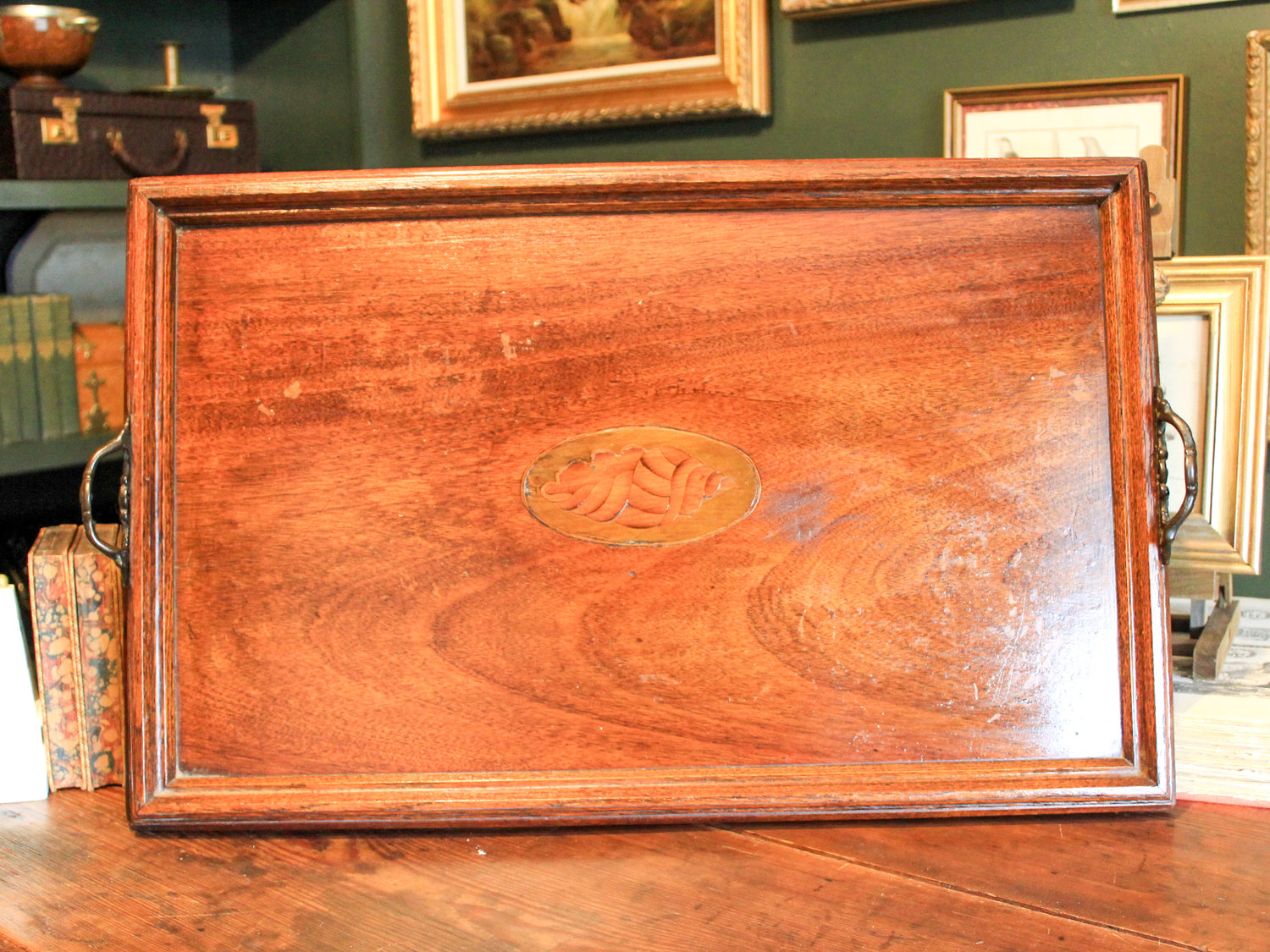 Antique Oversized Mahogany Serving Tray with Shell Inlay