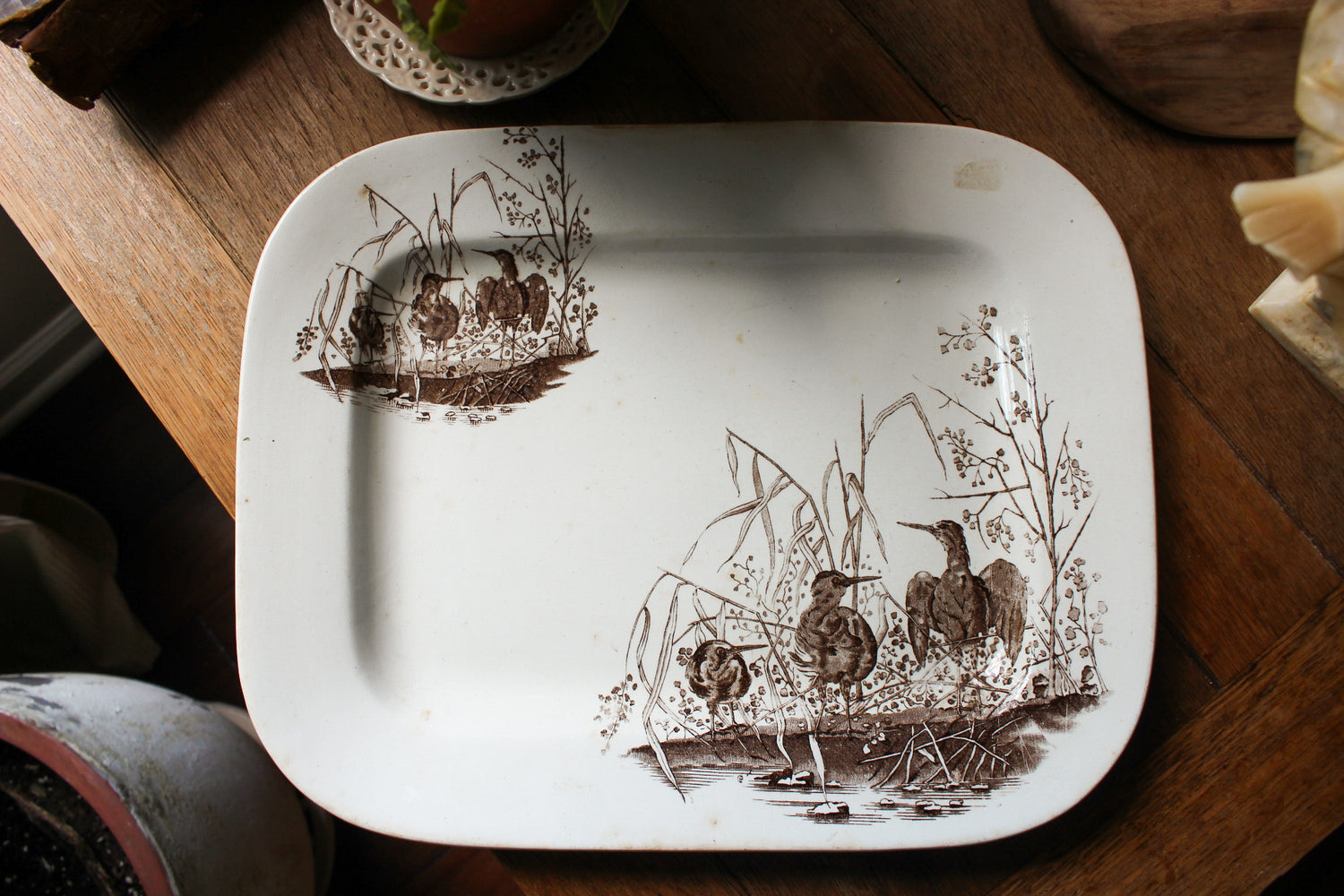 Antique Brown Transfer Ware Bird Platter