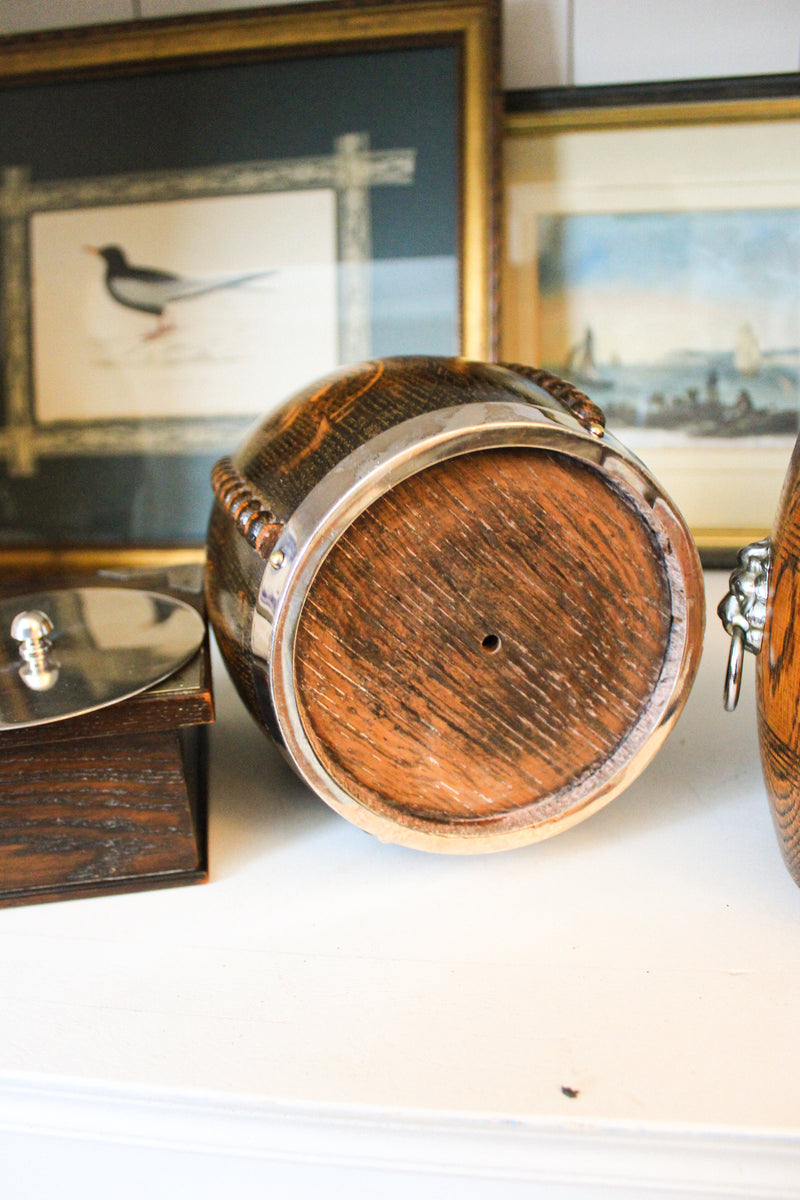 Antique English Oak Biscuit Barrel with Porcelain Liner