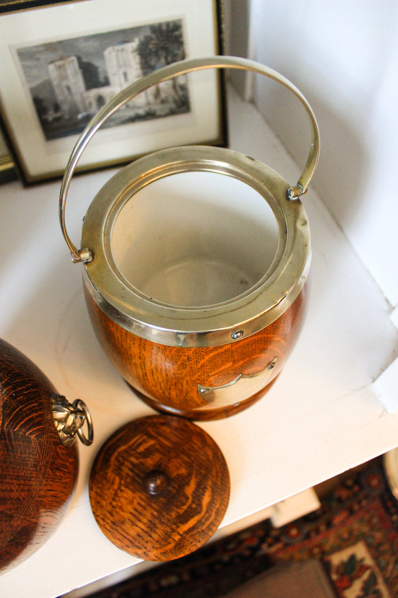 Antique English Oak Biscuit Barrel with Porcelain Liner