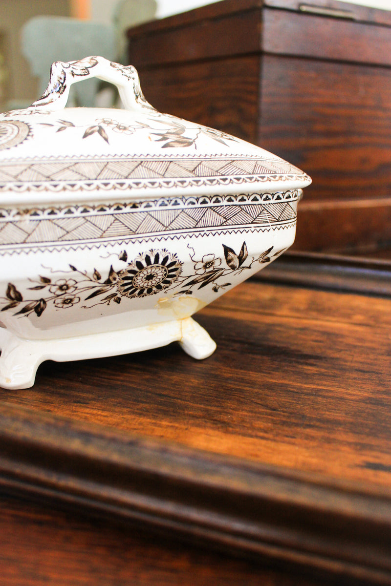 Antique Brown Transferware Covered Mini Tureen